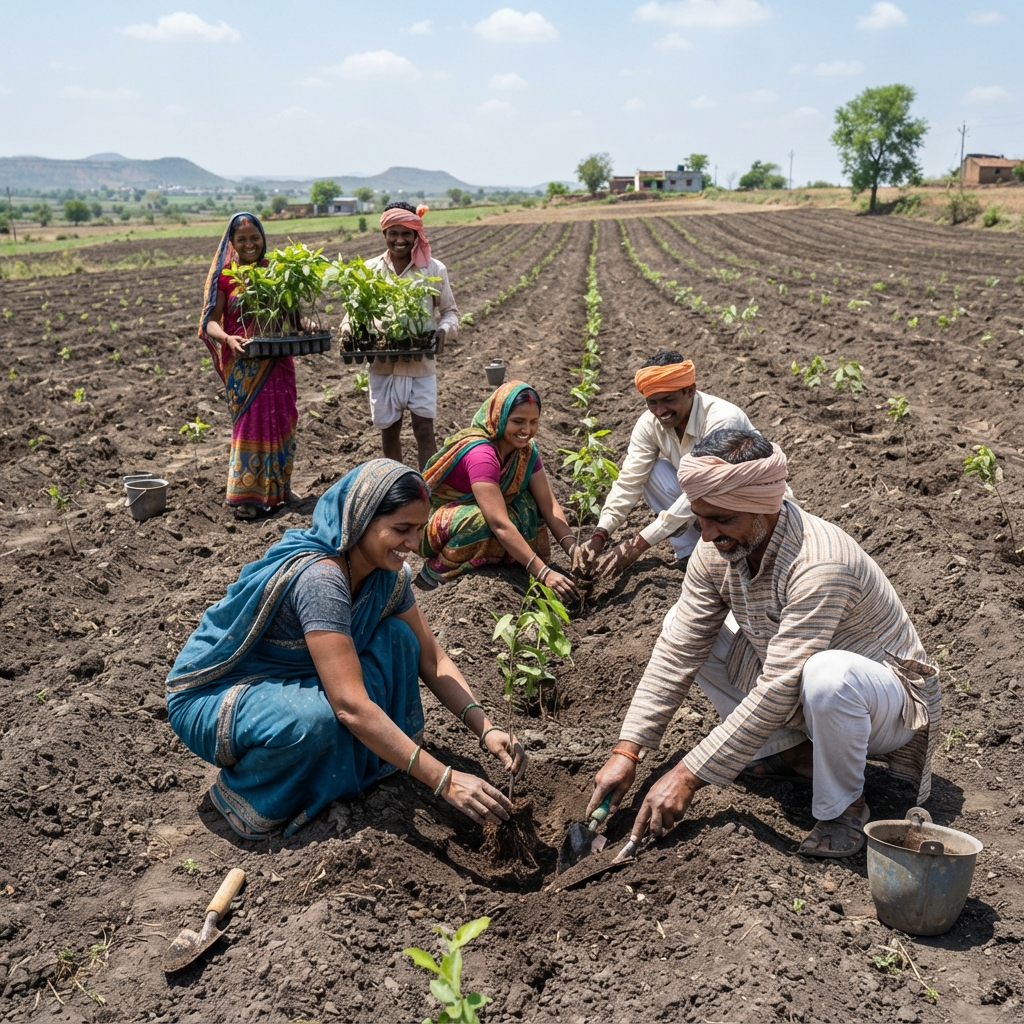 Farm workforce working in a field plantation